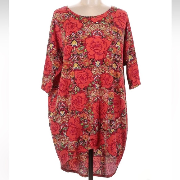 LuLaRoe Irma High Low Oversized Tunic Blouse Size Medium Red Floral Rose Paisley - Picture 1 of 6